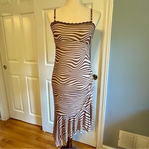 Wild Fable Ruched Ruffle Midi Dress (XS) – Brown Zebra Print Y2K Festival Style